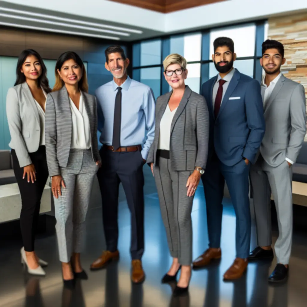 Professional property managers discussing property portfolios in a modern office